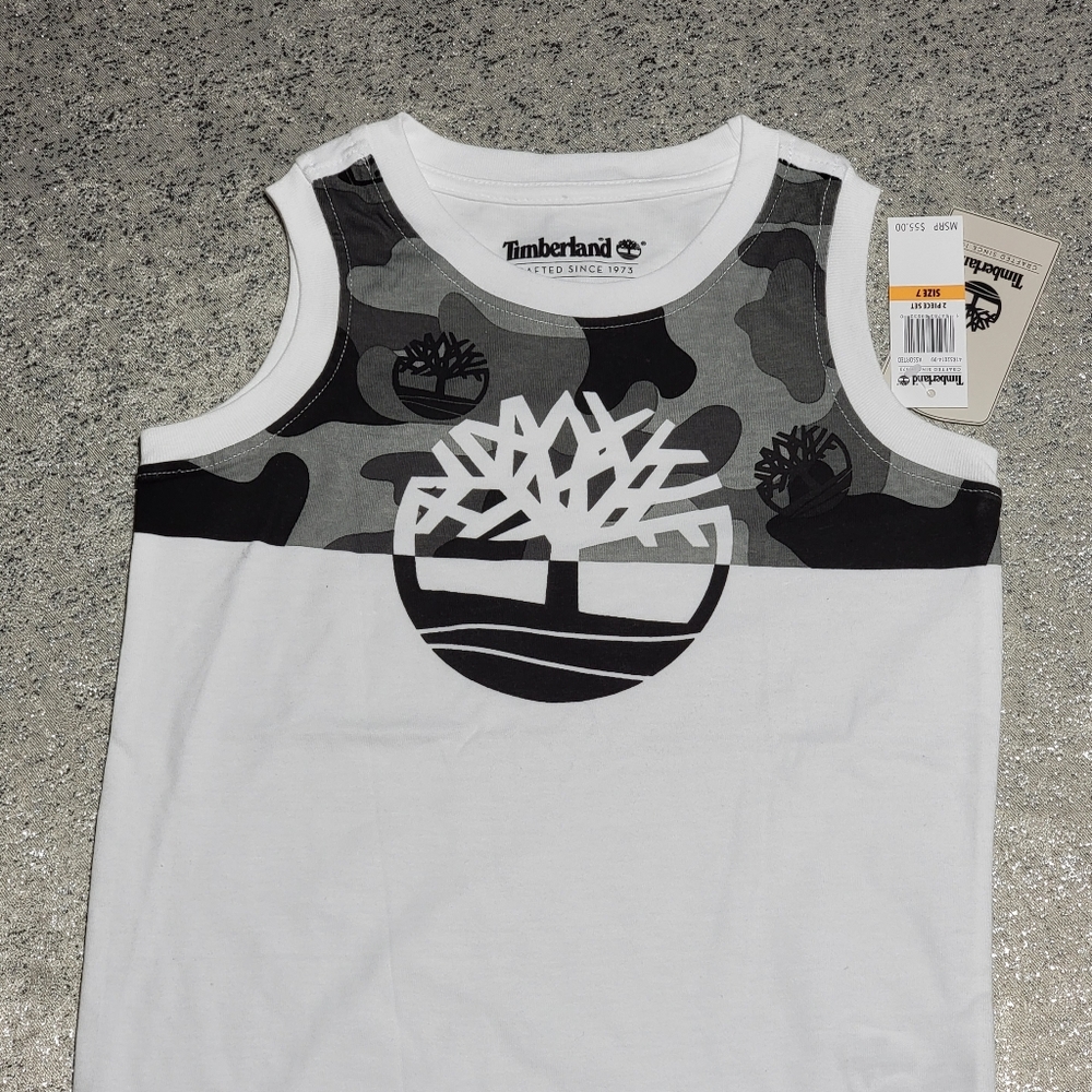 🤍🖤NEW Timberland White Sleeveless Shirt and Swim Shorts Boy's Size 7 - Picture 6 of 11